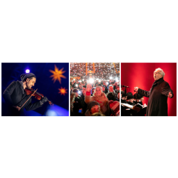 20.12.2018, 22. Adventskonzert mit dem Dresdner Kreuzchor im  Rudolf- Harbig-Stadion, 
links auf dem Foto Stargeiger David Garrett, mitte Blick in das volle Stadion sowie rechts Kreuzkantor Roderich Kreile